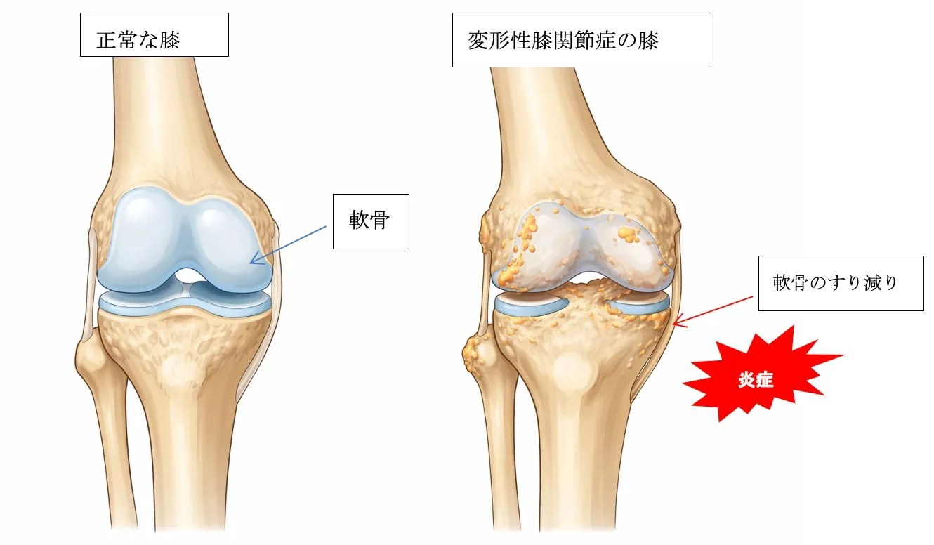 正常な膝と変形性膝関節症の比較