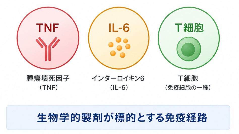 関節リウマチの生物学的製剤がTNF・IL-6・T細胞などを標的にする図