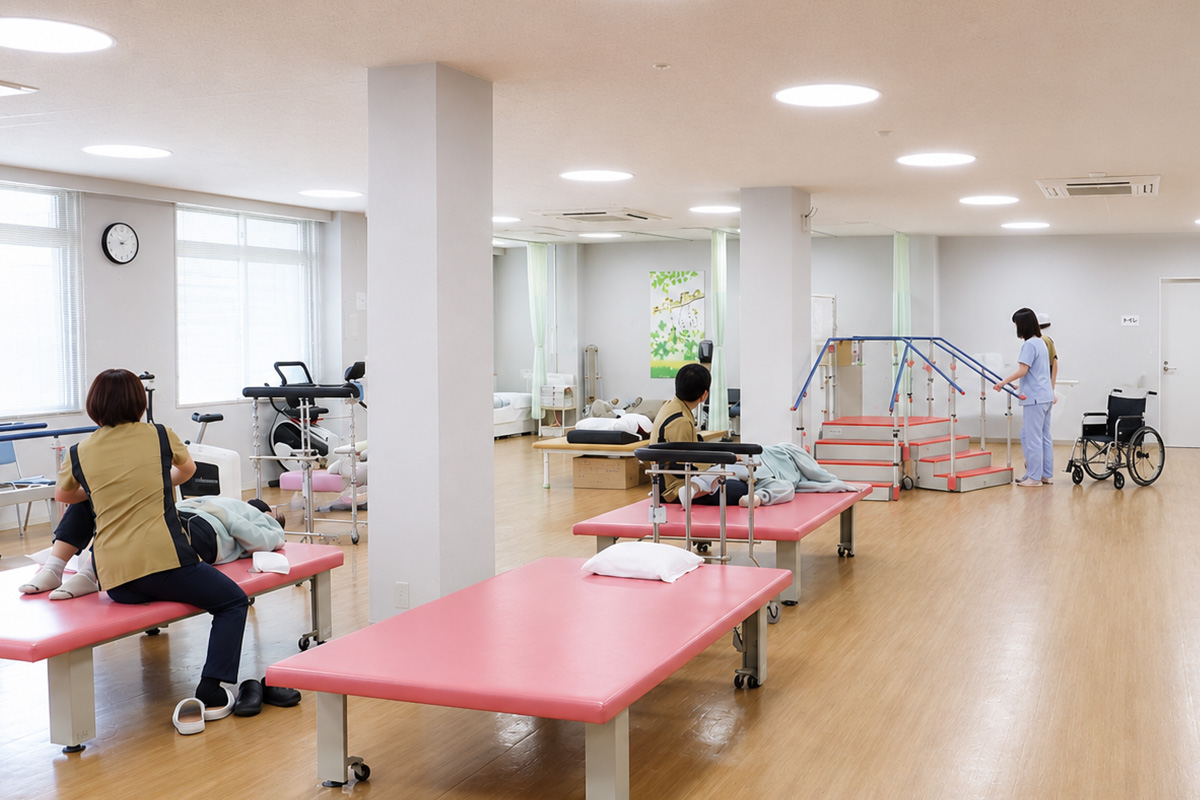 エレベーターで車椅子の患者さまを介助する職員の様子